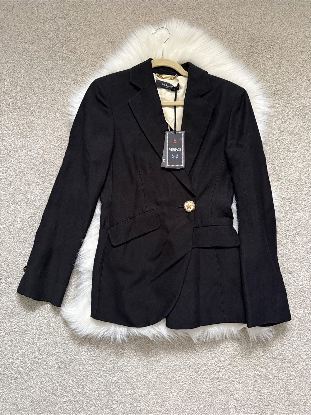 NWT Versace Single Breasted Black Linen Blend Blazer with Gold Starfish Button